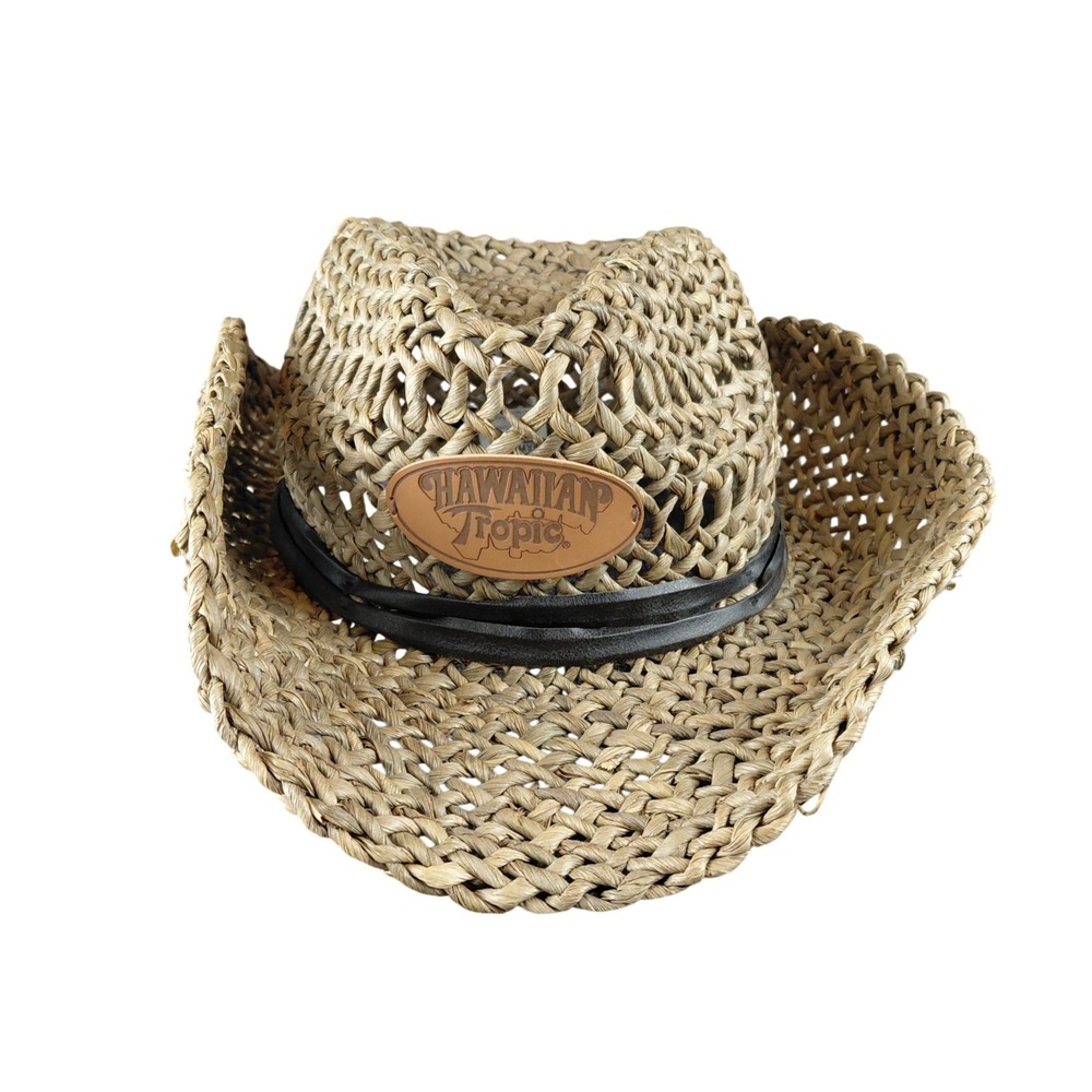 Hawaiian Tropic Straw‎ Cowboy Hat Women Natural Tan Woven Beach Sun Hat One Size